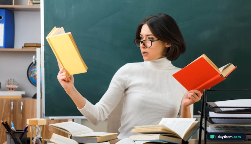 Giáo viên trẻ ngồi tại bàn làm việc có dụng cụ học tập, đang cầm và xem một cuốn sách mở.