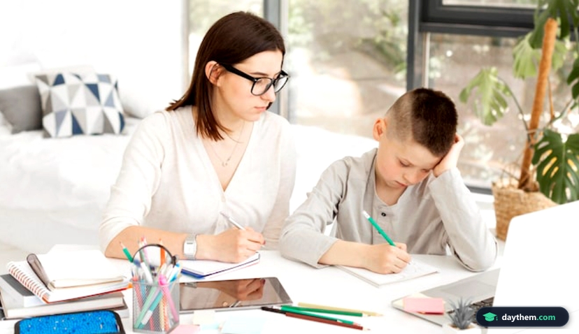 Female tutor and cute boy learning at home