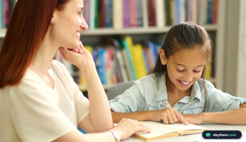 Girl reading book and watching woman sitting at table