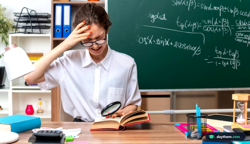 Stressed young blonde female math teacher wearing glasses sitting at desk with school tools holding magnifying glass keeping hand on open book and on head with closed eyes in classroom
