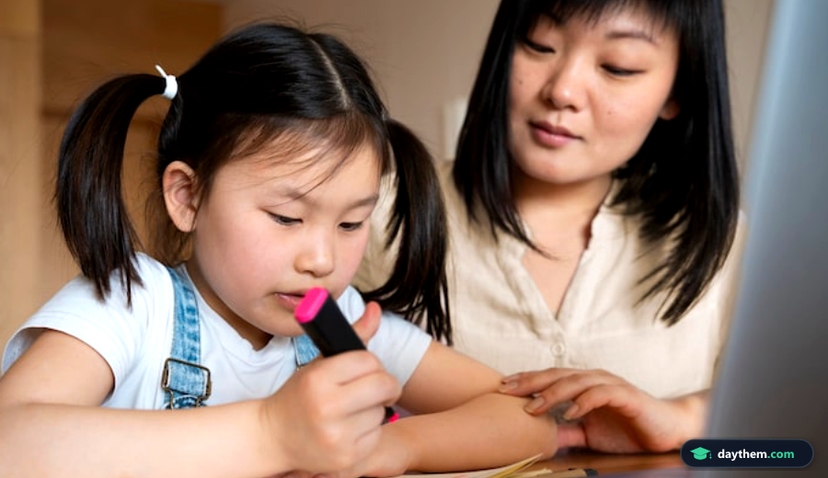 Medium shot mother and girl at desk