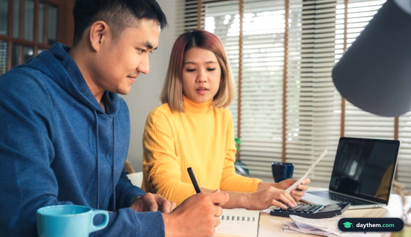 Young asian couple managing finances, reviewing their bank accounts using laptop computer