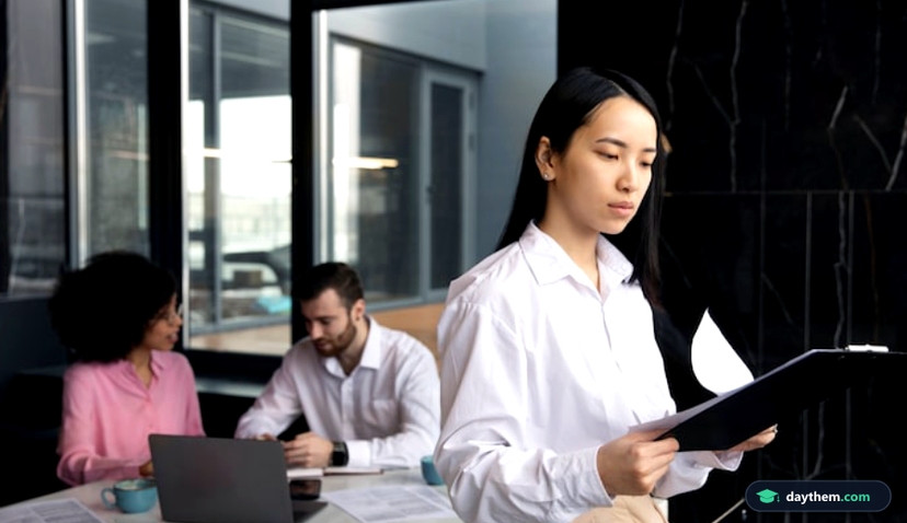 Người phụ nữ đang đọc kỹ các trang tài liệu giấy về hợp đồng lao động và quy chế nội bộ