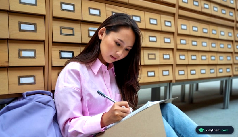 Học sinh, sinh viên ngồi góc nhìn nghiêng đang tập trung ghi chép vào sổ tay.