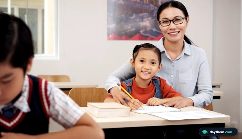 Teacher helping student