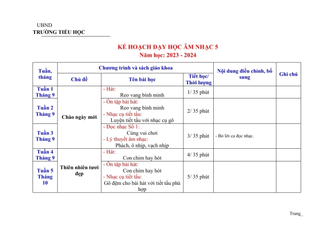 Kế Hoạch Dạy Học Âm Nhạc 5 - Thumbnail