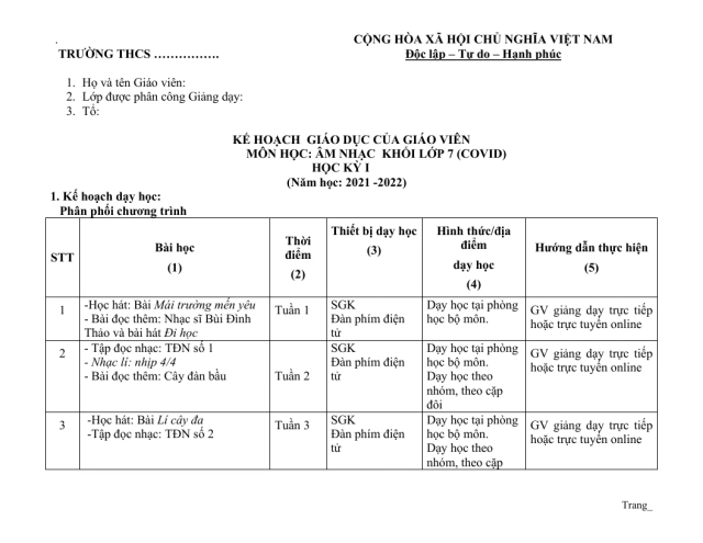 Kế Hoạch Dạy Học Môn Âm Nhạc Lớp 7, 8, 9 Theo CV 4040 - Thumbnail