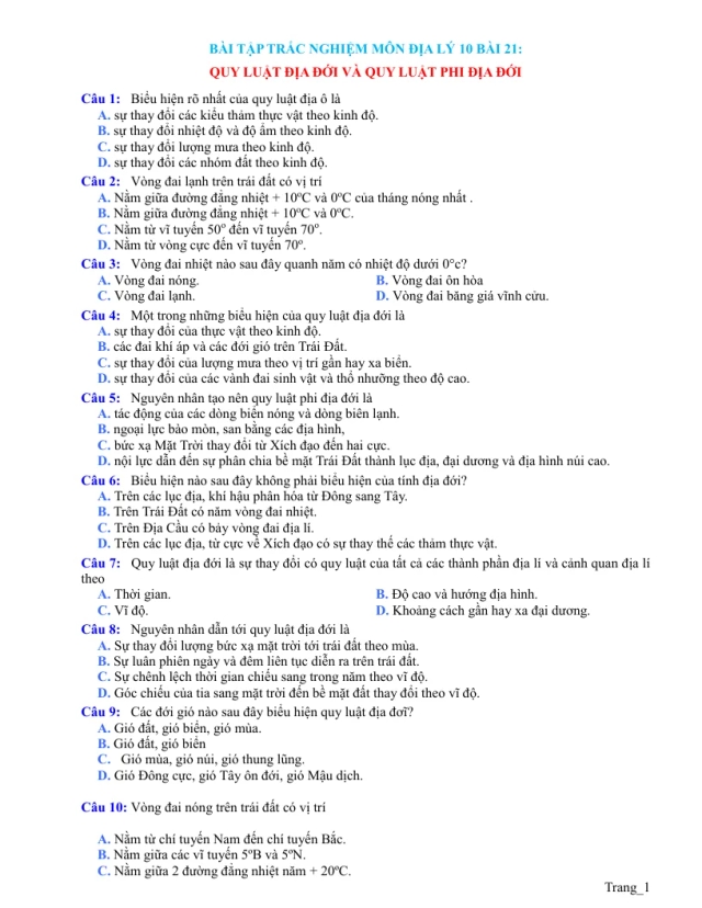 Bài Tập Trắc Nghiệm Địa 10 Bài 21: Quy Luật Địa Đới Và Quy Luật Phi Địa Đới - Thumbnail
