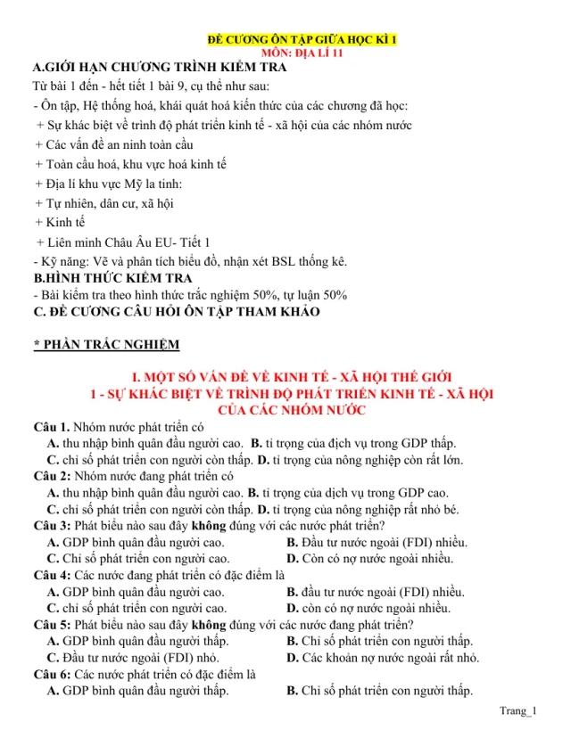 Đề Cương Ôn Tập Giữa HK1 Địa 11 Theo Từng Bài Học - Thumbnail