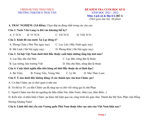 Đề Thi HK2 Sử Địa 6 Có Đáp Án Và Đặc Tả - Thumbnail