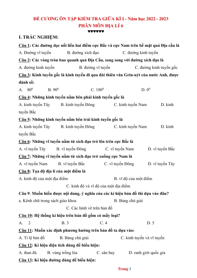 Đề Cương Ôn Tập Lịch Sử Địa Lí 6 Giữa HK1 Năm Học 2022 - 2023 - Thumbnail