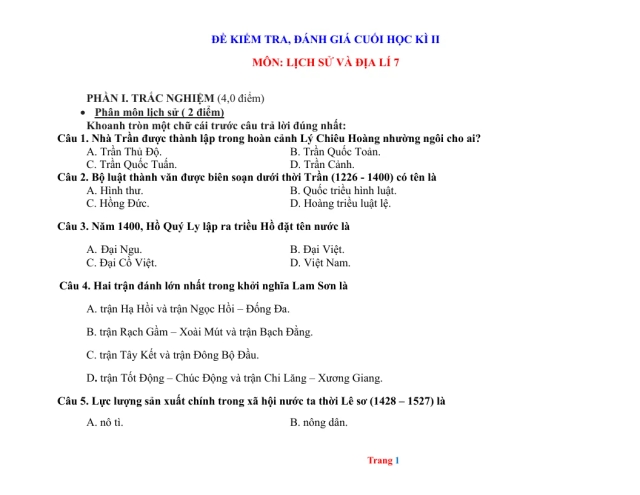 Đề Thi Học Kỳ 2 Lịch Sử Địa Lí 7 Năm 2022 - 2023 Có Đáp Án Và Ma Trận - Thumbnail