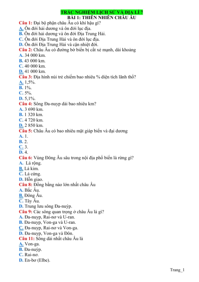 250 Câu Trắc Nghiệm Sử Địa 7 Theo Từng Bài Học - Thumbnail