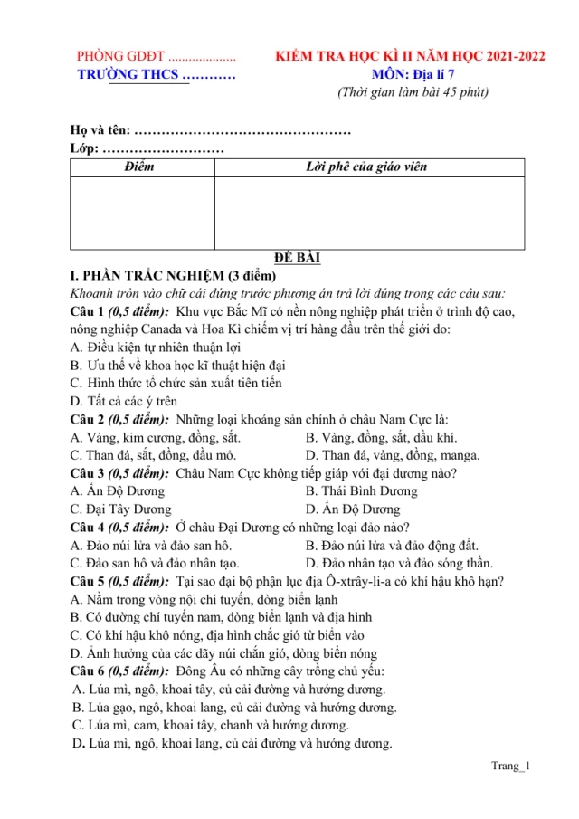 Đề Thi Học Kỳ 2 Môn Địa 7 Có Đáp Án Và Ma Trận - Thumbnail