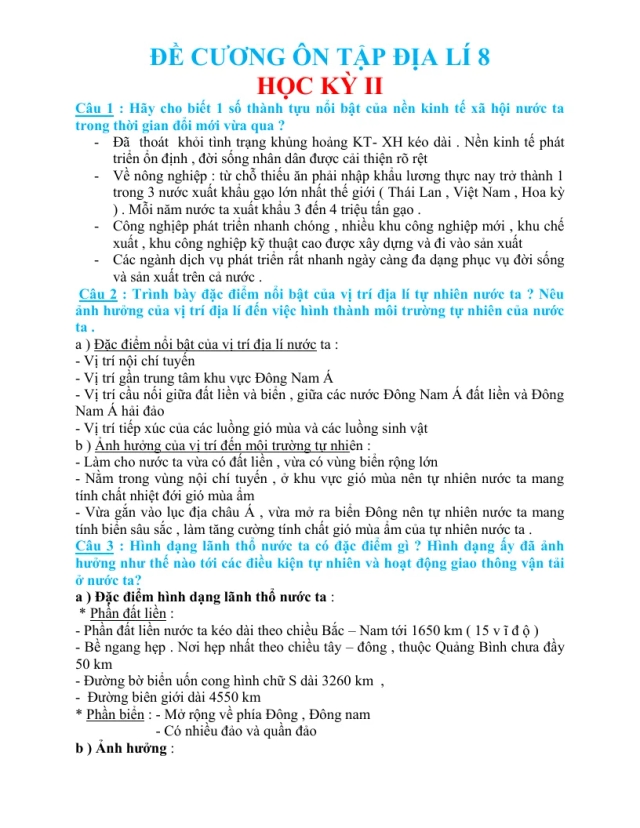 Đề Cương Ôn Tập Địa Lí 8 HK2 - Thumbnail