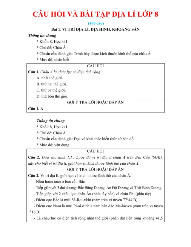 160 Câu Trắc Nghiệm Và Tự Luận Địa Lí 8 Cả Năm - Thumbnail