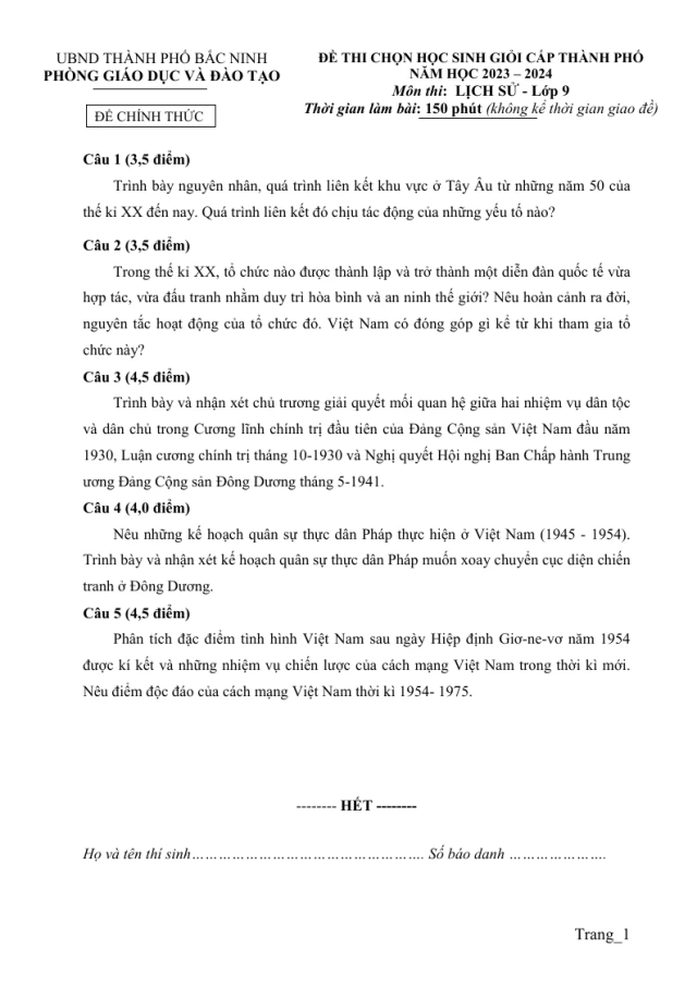 Đề Thi Học Sinh Giỏi Lịch Sử 9 TP Bắc Ninh 2023 - 2024 - Thumbnail