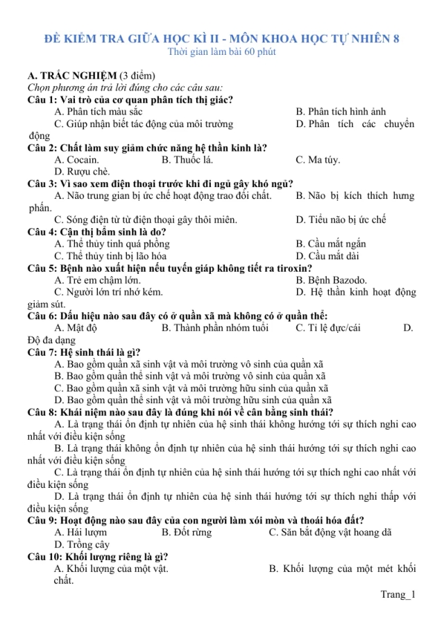 Đề Thi Giữa Học Kỳ 2 KHTN 8 Có Đáp Án Ma Trận Đặc Tả - Thumbnail