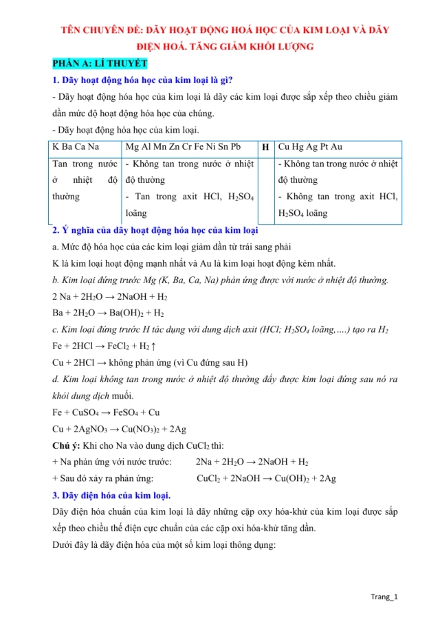 Chuyên Đề Dãy Hoạt Động Hoá Học Của Kim Loại Và Dãy Điện Hoá Bồi Dưỡng HSG Hóa 9 - Thumbnail
