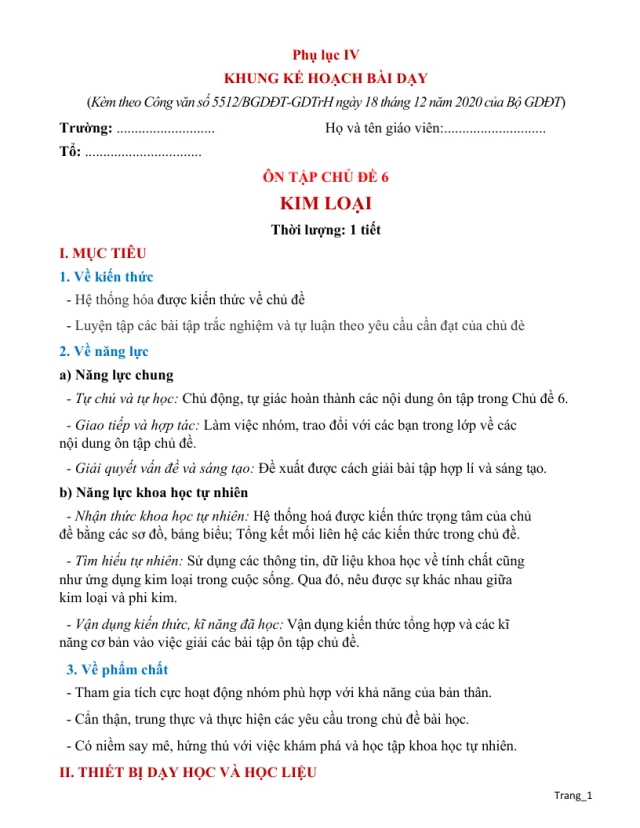 Giáo Án Ôn Tập Hóa 9 Chủ Đề 6 Kim Loại - Thumbnail