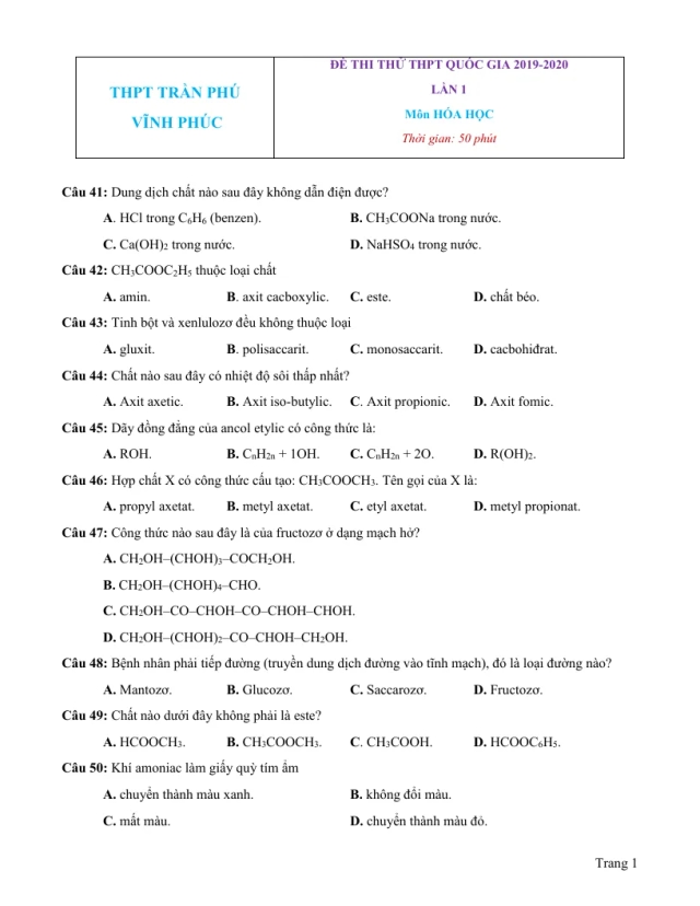 Đề Thi Thử THPT Quốc Gia Môn Hóa 2020 Trường Trần Phú Lần 1 - Thumbnail