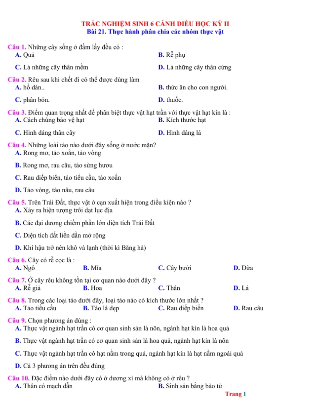 Trắc Nghiệm Môn Sinh 6 Học Kỳ 2 - Thumbnail