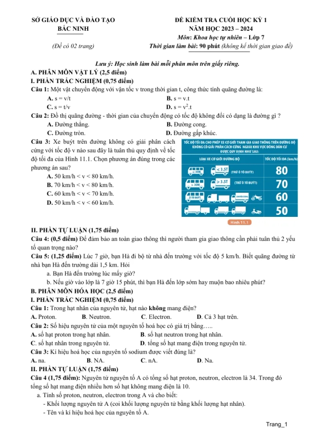 Đề Thi HK1 Khoa Học Tự Nhiên 7 Sở GD Bắc Ninh 2023 - 2024 - Thumbnail
