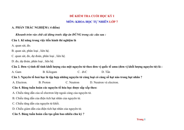 Đề Thi Học Kỳ 1 Môn KHTN Lớp 7 Có Đáp Án Và Ma Trận - Thumbnail