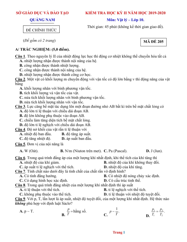 Đề Thi HK2 Môn Lý 10 Sở GD & ĐT Quảng Nam 2019 - 2020 - Thumbnail