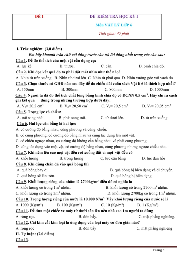 40 Đề Thi Học Kỳ 1 Vật Lý 6 - Thumbnail