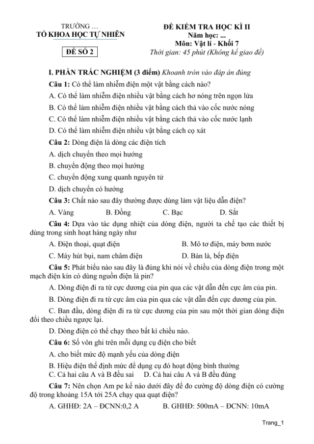 Đề Ôn Thi Học Kỳ 2 Vật Lí 7 Có Đáp Án - Đề 2 - Thumbnail
