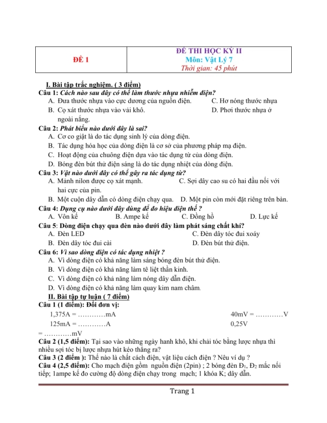 14 đề thi học kỳ 2 vật lý 7 - Thumbnail