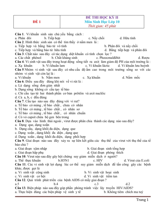 10 Đề Thi Học Kỳ 2 Sinh Học 10 - Thumbnail