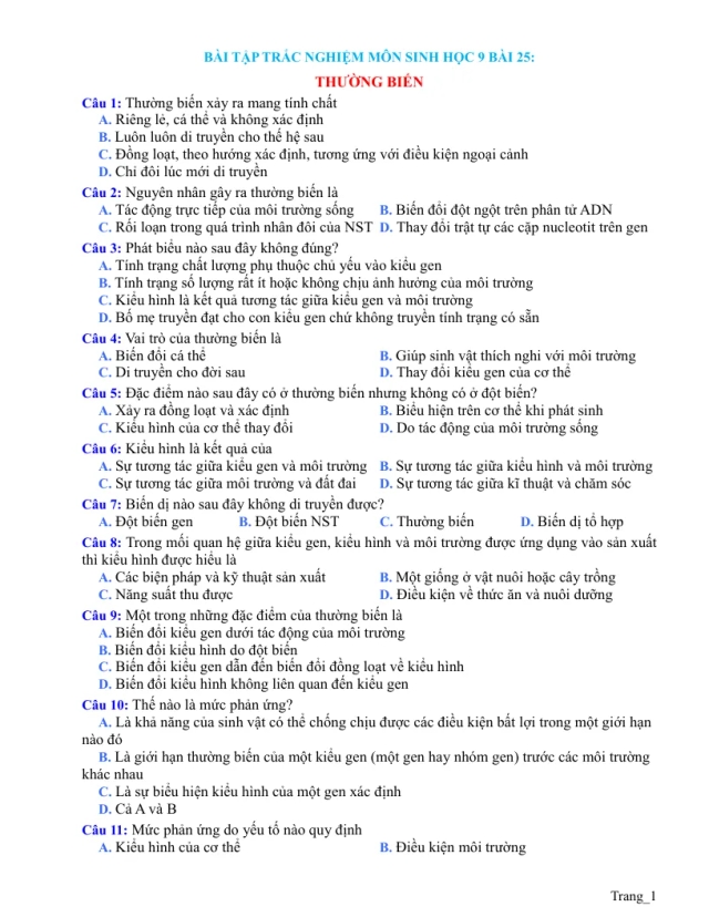 Trắc Nghiệm Sinh 9 Bài 25: Thường Biến - Thumbnail