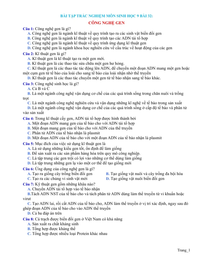Trắc Nghiệm Sinh 9 Bài 32: Công Nghệ Gen - Thumbnail