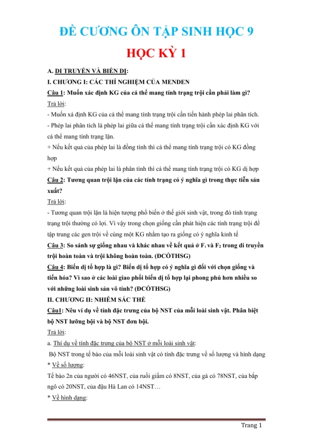 Đề Cương Ôn Thi Sinh Học 9 Học Kỳ 1 - Thumbnail