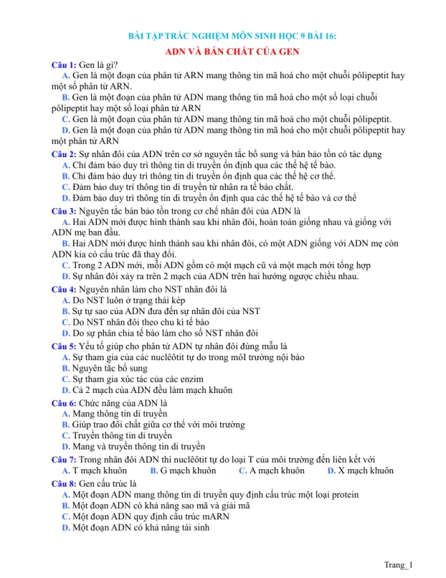 Trắc Nghiệm Sinh 9 Bài 16: ADN Và Bản Chất Của Gen - Thumbnail