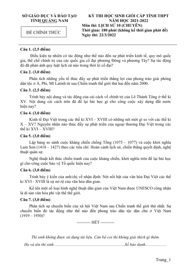 Đề Thi HSG Lịch Sử 10 Sở GD Quảng Nam 2021 - 2022 - Thumbnail