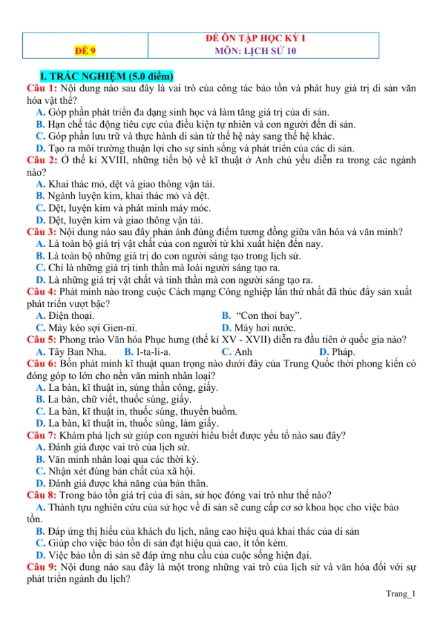 Đề Thi HK1 Lịch Sử 10 Có Đáp Án - Đề 9 - Thumbnail