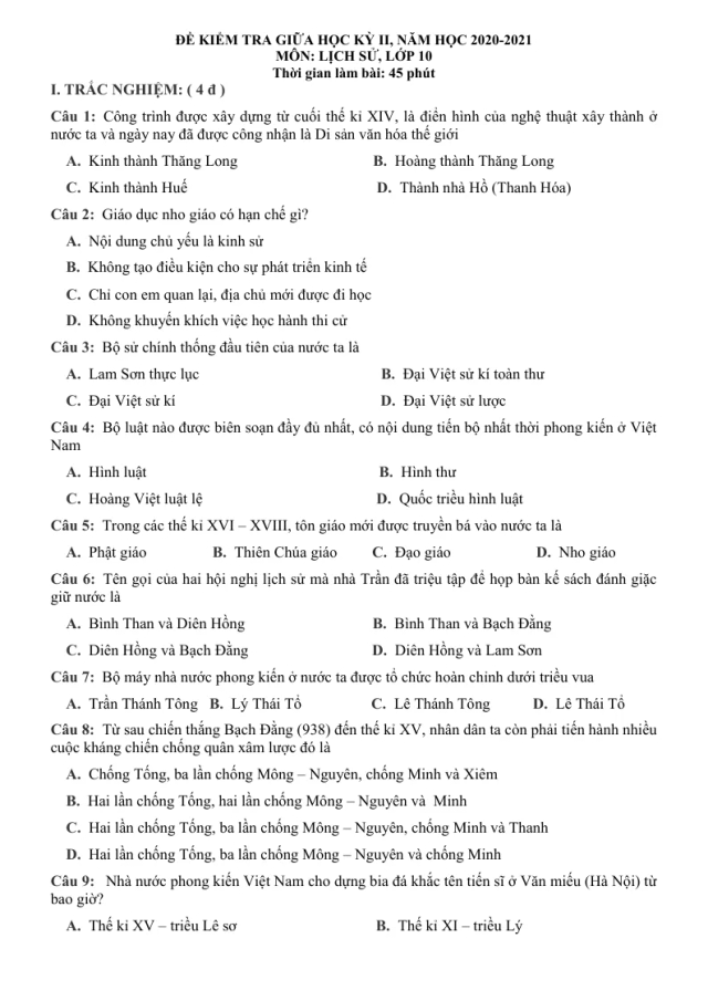 Đề Kiểm Tra Giữa Học Kỳ 2 Lịch Sử 10 Năm Học 2020 - 2021 Có Đáp Án (Đề 1) - Thumbnail