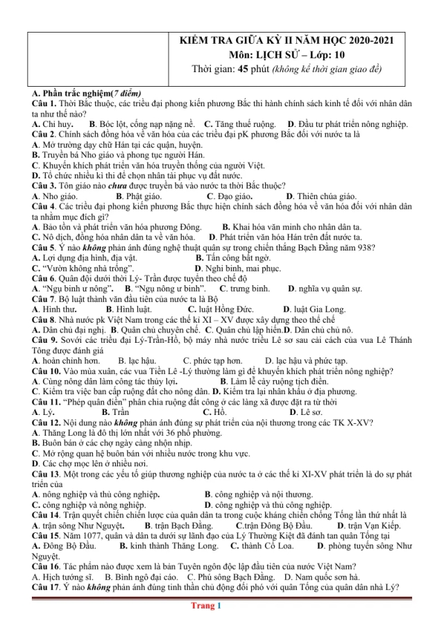 Đề Thi Giữa Học Kỳ 2 Lịch Sử 10 Có Đáp Án (Đề 2) - Thumbnail