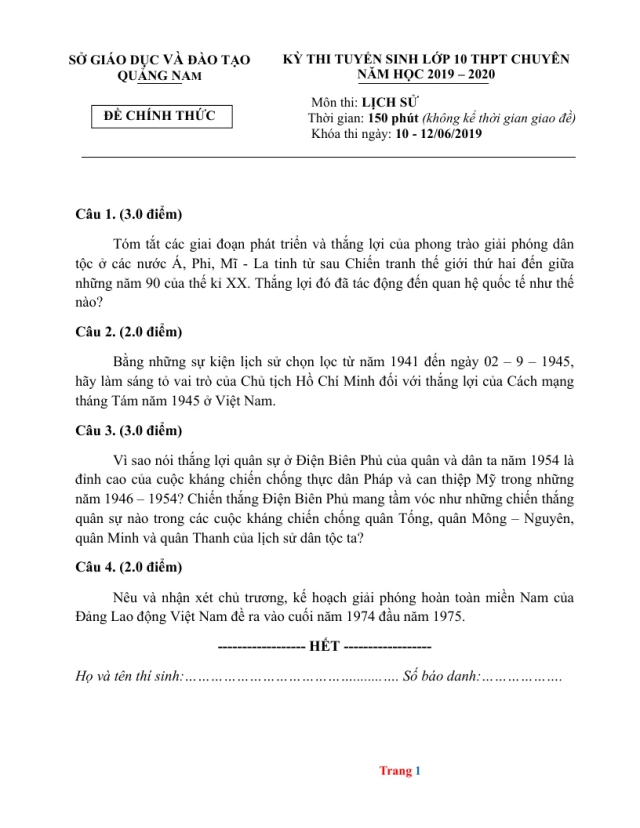 Đề Thi Tuyển Sinh 10 Chuyên Sử Sở GD Quảng Nam 2019 - 2020 - Thumbnail