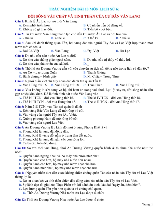 Trắc Nghiệm Sử 6 Bài 13: Đời Sống Vật Chất Và Tinh Thần Của Cư Dân Văn Lang - Thumbnail