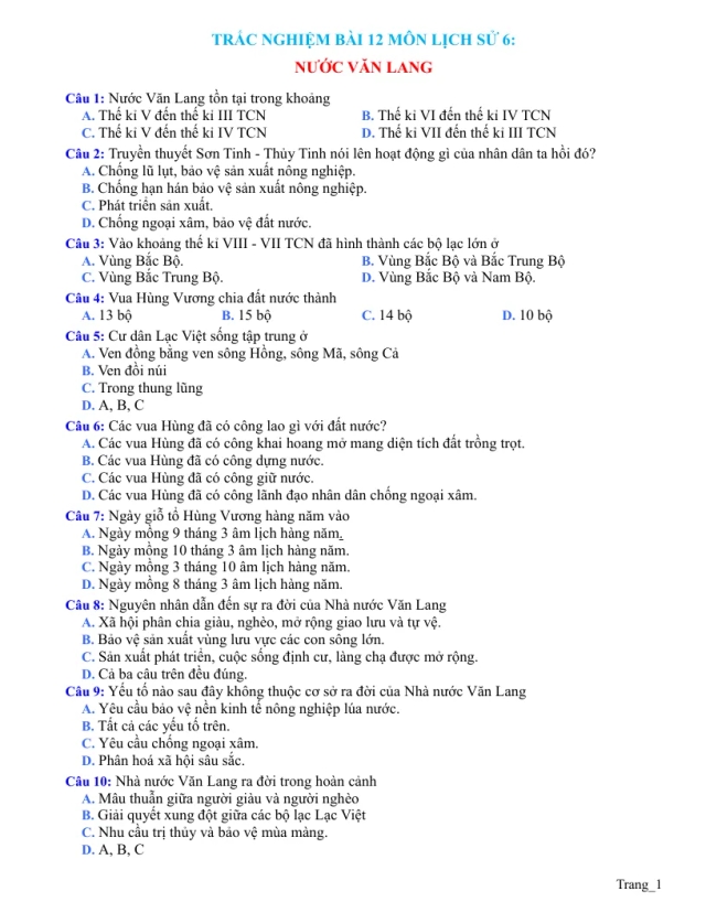 Trắc Nghiệm Sử 6 Bài 12: Nước Văn Lang - Thumbnail