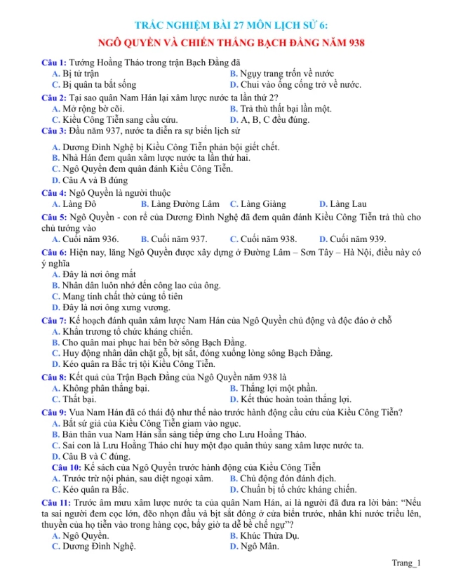 Trắc Nghiệm Sử 6 Bài 27: Ngô Quyền Và Chiến Thắng Bạch Đằng Năm 938 - Thumbnail