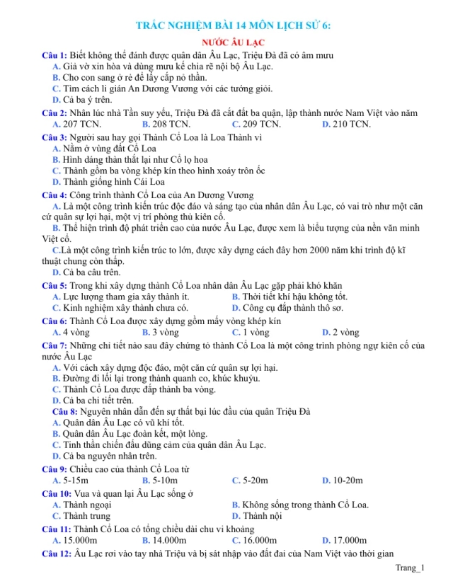 Trắc Nghiệm Sử 6 Bài 14: Nước Âu Lạc - Thumbnail