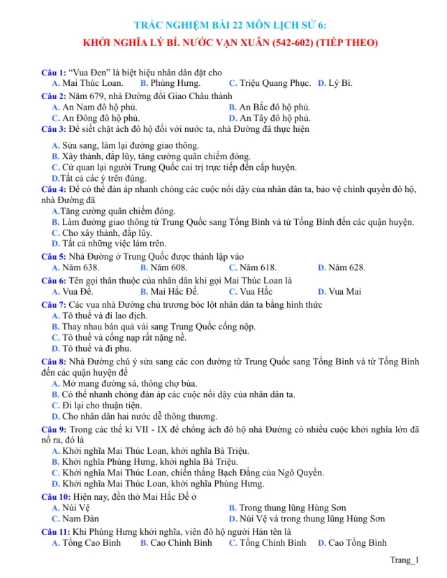 Trắc Nghiệm Sử 6 Bài 22: Khởi Nghĩa Lý Bí - Nước Vạn Xuân (Tiếp Theo) - Thumbnail