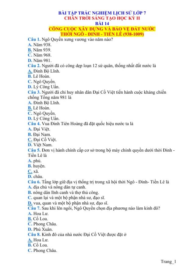 100 Câu Trắc Nghiệm Lịch Sử 7 Học Kỳ 2 - Thumbnail