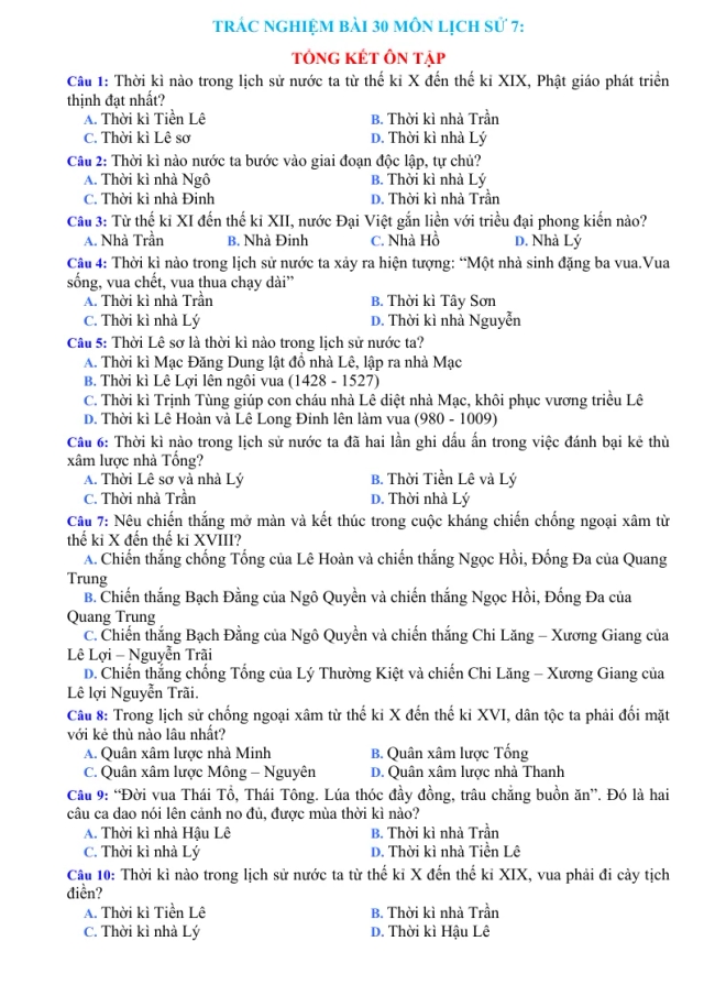 Trắc Nghiệm Bài 30 Lịch Sử 7: Tổng Kết Ôn Tập - Thumbnail
