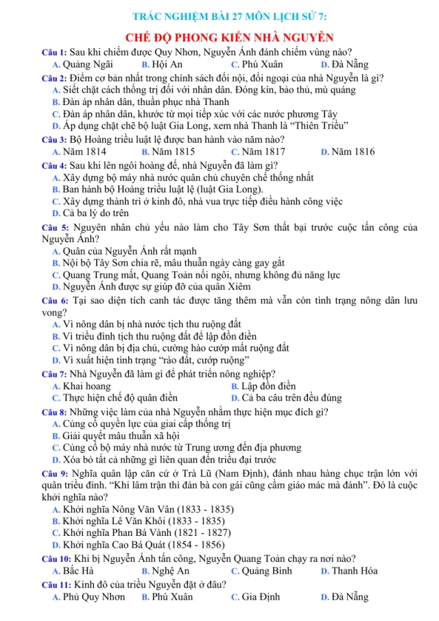 Trắc Nghiệm Bài 27 Lịch Sử 7: Chế Độ Phong Kiến Nhà Nguyễn - Thumbnail